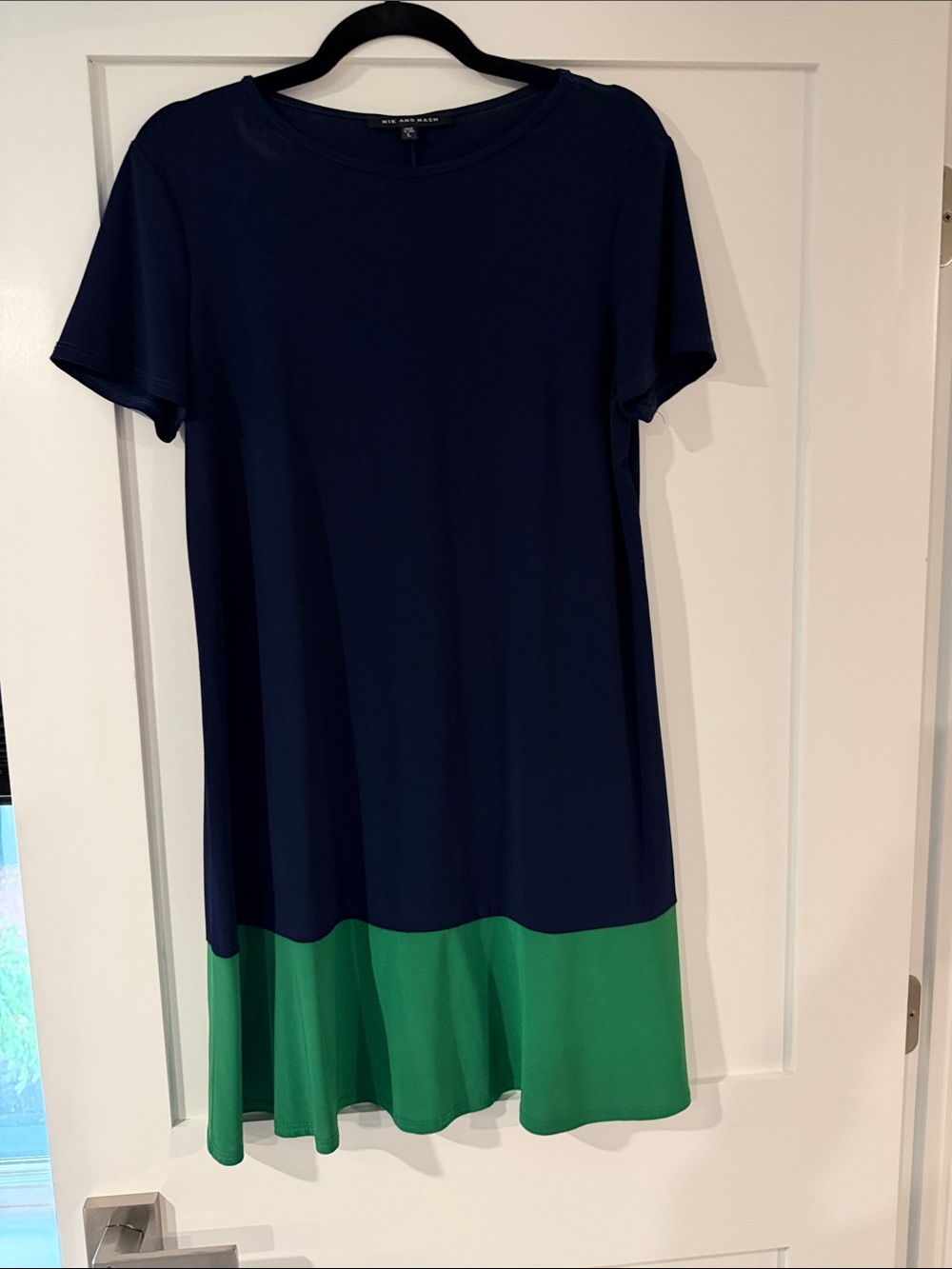 Colorblock Navy and Green Casual Short-Sleeve Dress